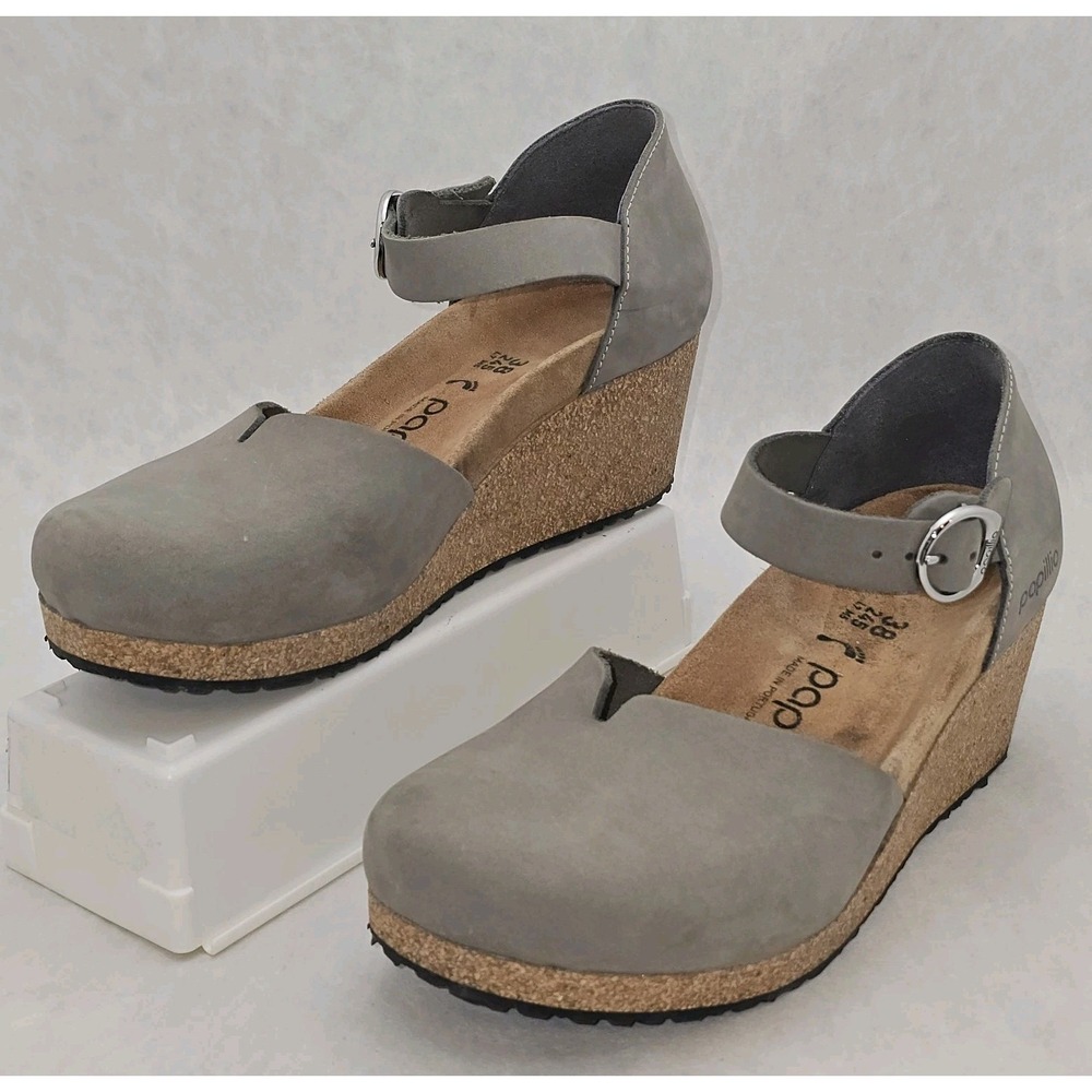 EUC Birkenstock Papillio Mary Jane Suede Leather Wedge Shoes Gray 38 Size 7